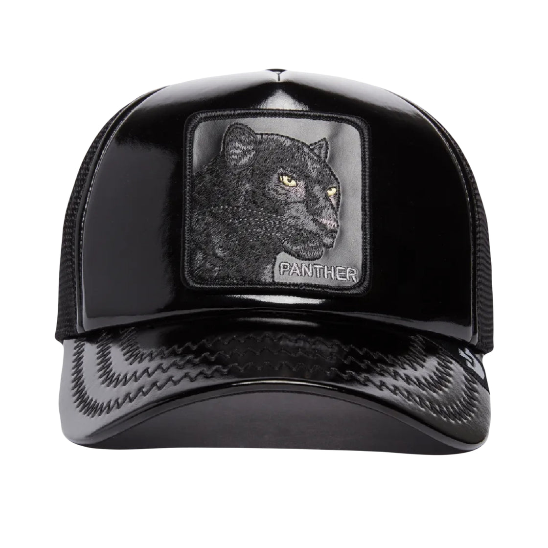 Obsidian Panther Black Patent Leather Trucker Hat
