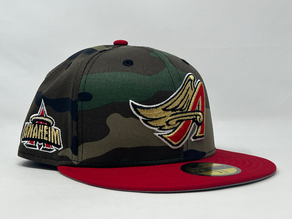 Anaheim Angels Woodland Camouflage Red Visor Gray Brim 59Fifty New Era Fitted Hat