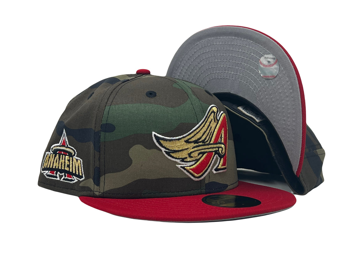 Anaheim Angels Woodland Camouflage Red Visor Gray Brim 59Fifty New Era Fitted Hat