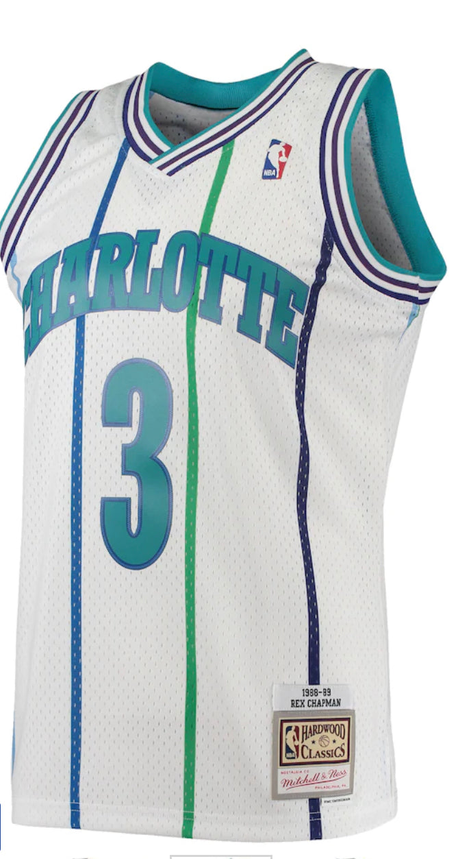 CHARLOTTE HORNETS REX CHAPMAN MITCHELL AND NESS SWINGMAN JERSEY