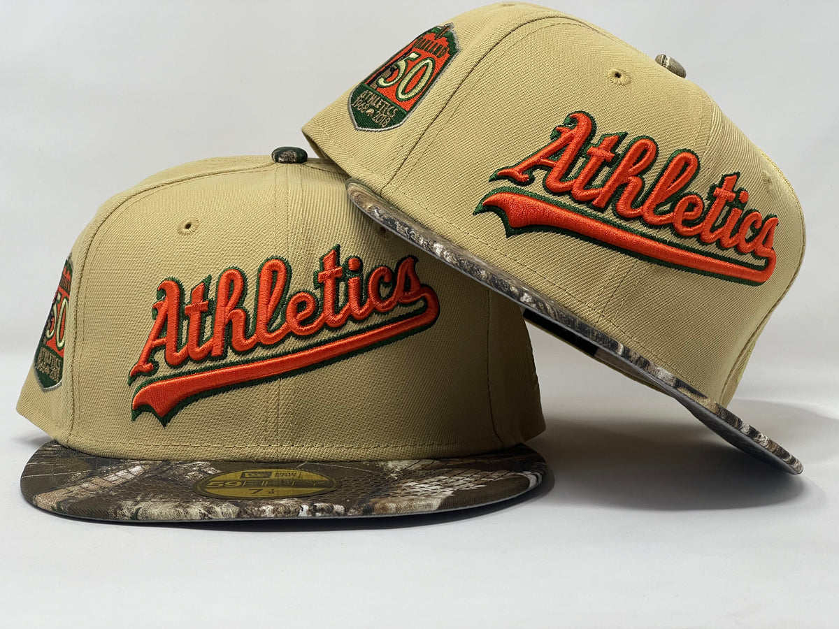 Olive Green Oakland Athletics Tan Visor Gray Bottom 50th Anniversary Side Patch New Era 59FIFTY Fitted 71/4