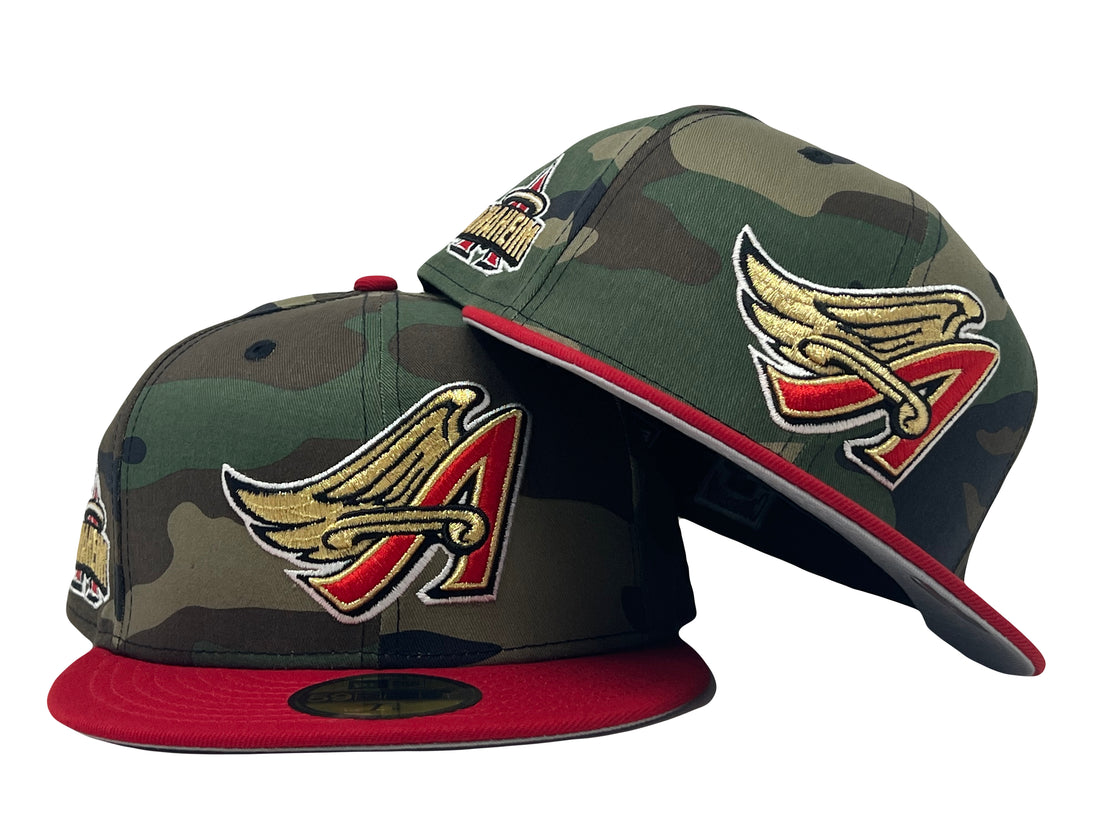Anaheim Angels Woodland Camouflage Red Visor Gray Brim 59Fifty New Era Fitted Hat