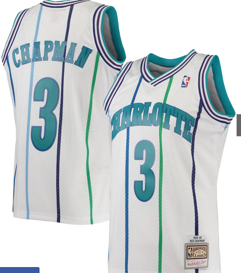 CHARLOTTE HORNETS REX CHAPMAN MITCHELL AND NESS SWINGMAN JERSEY