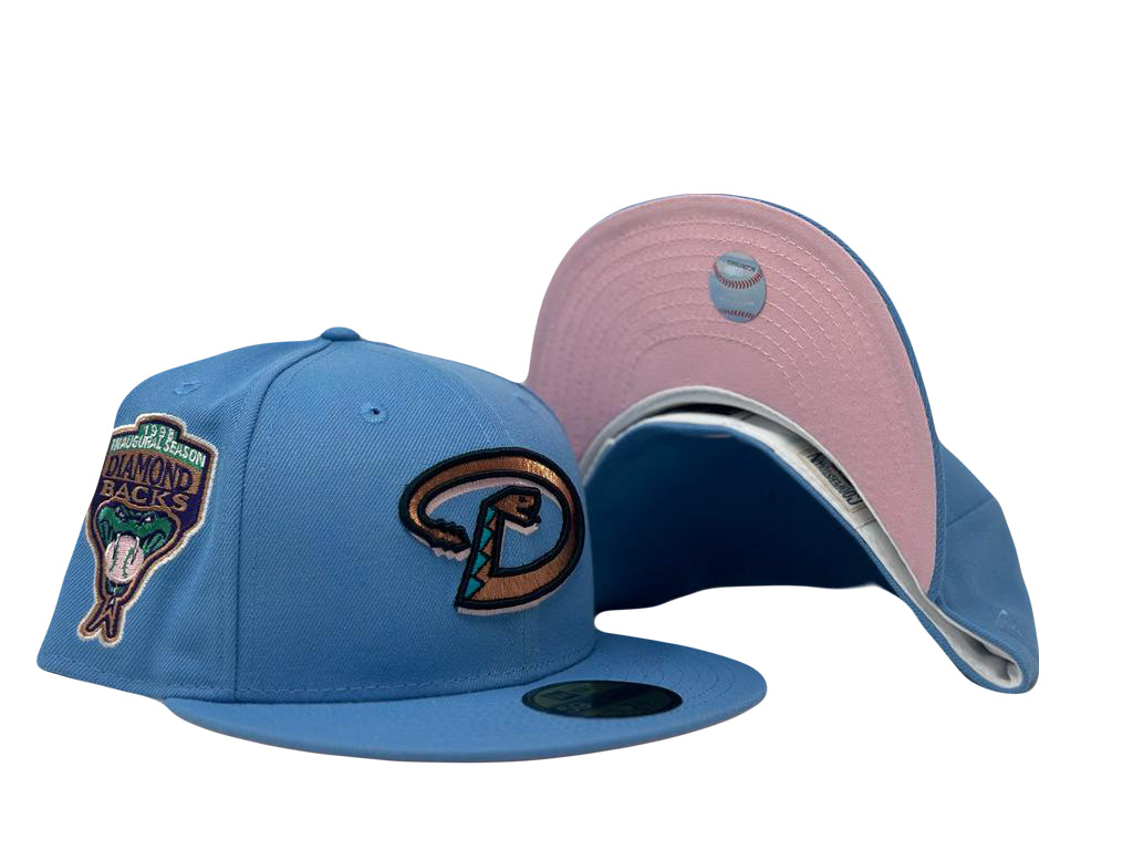 New Era Mens MLB Arizona Diamondbacks 1998 Inaugural Season 59FIFTY Fitted Hat 70733655 Sky Blue, Pink Undervisor 7 1/2