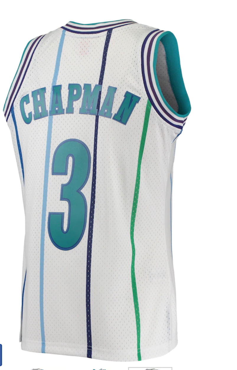 CHARLOTTE HORNETS REX CHAPMAN MITCHELL AND NESS SWINGMAN JERSEY