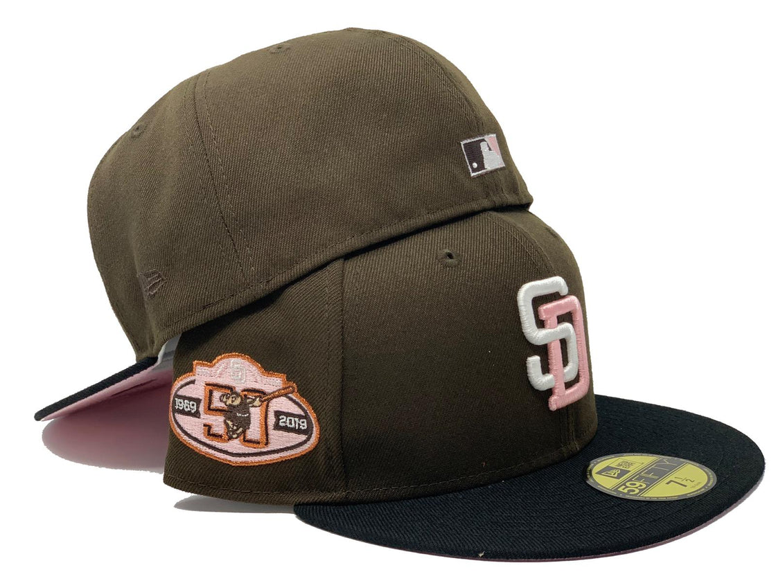 SAN DIEGO PADRES 50TH ANNIVERSARY WALNUT CROWN BLACK VISOR PINK BRIM NEW ERA FITTED