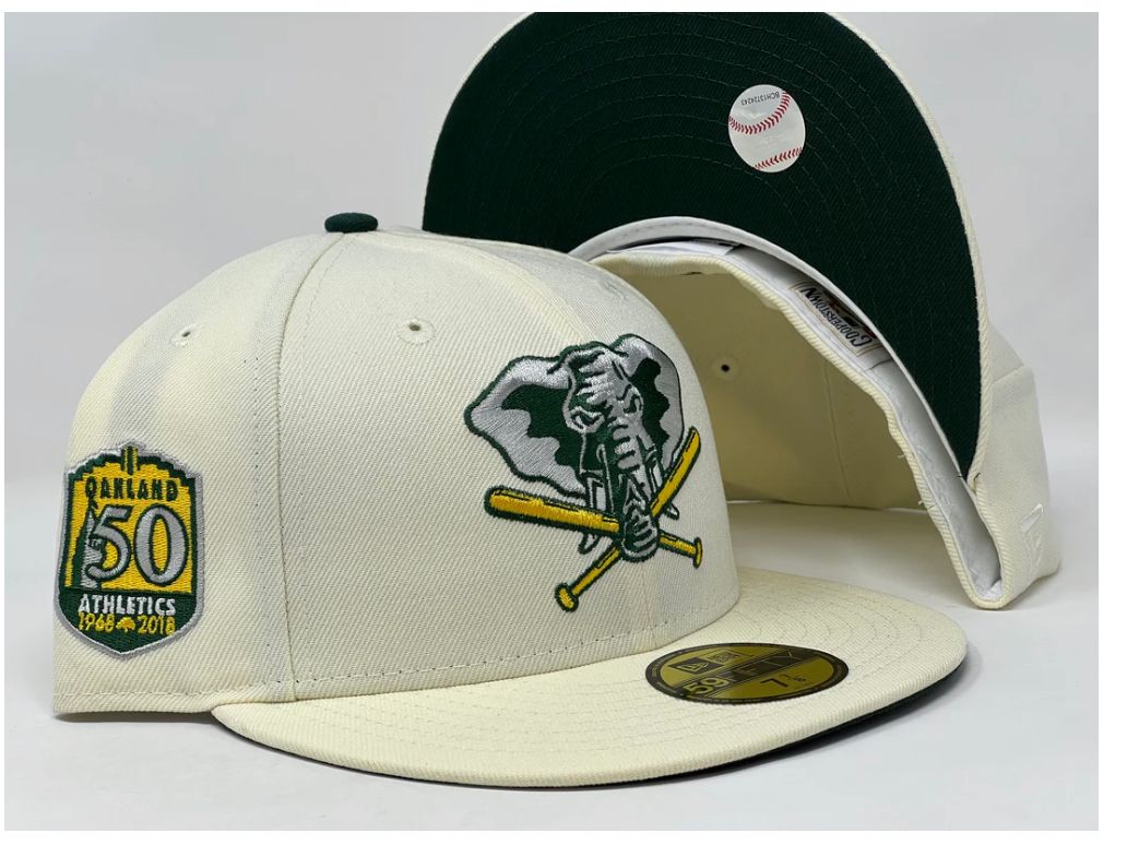 OAKLAND ATHLETICS 50TH ANNIVERSARY OFF WHITE DOME PACK YELLOW BRIM N