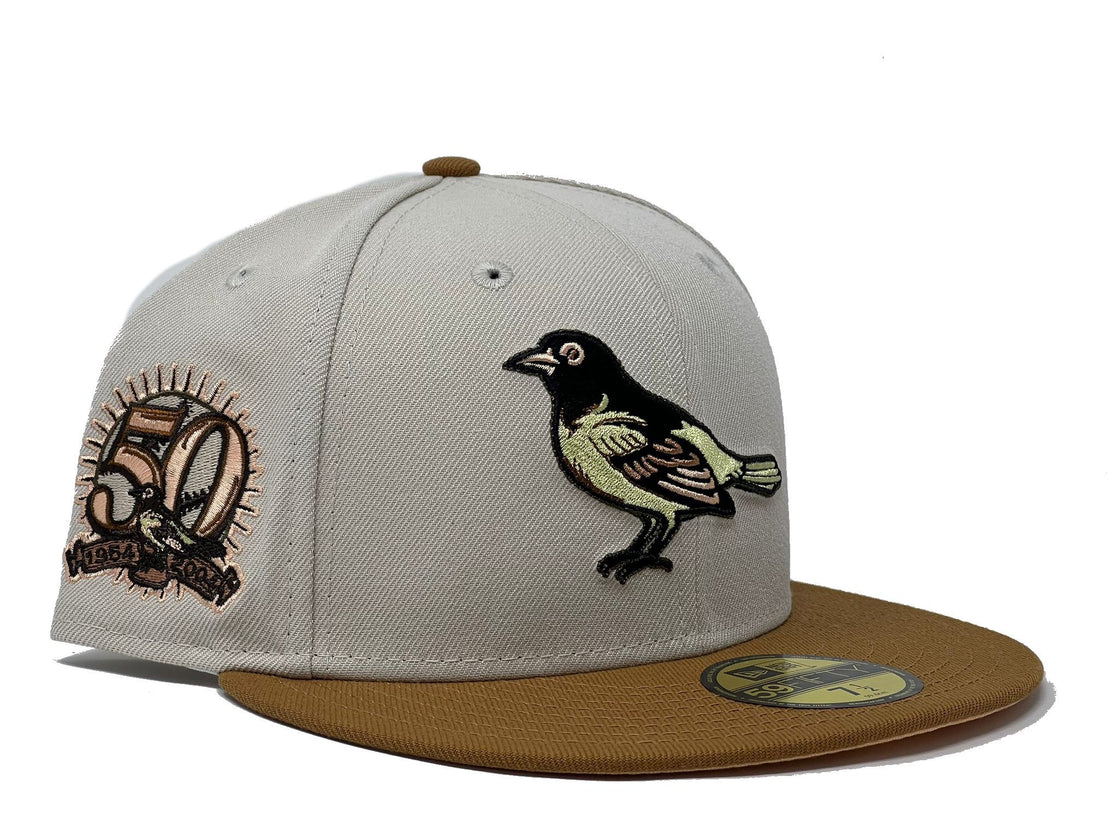 Baltimore Orioles 50th Anniversary Stone Camel Visor Peach Brim New Era Fitted Hat