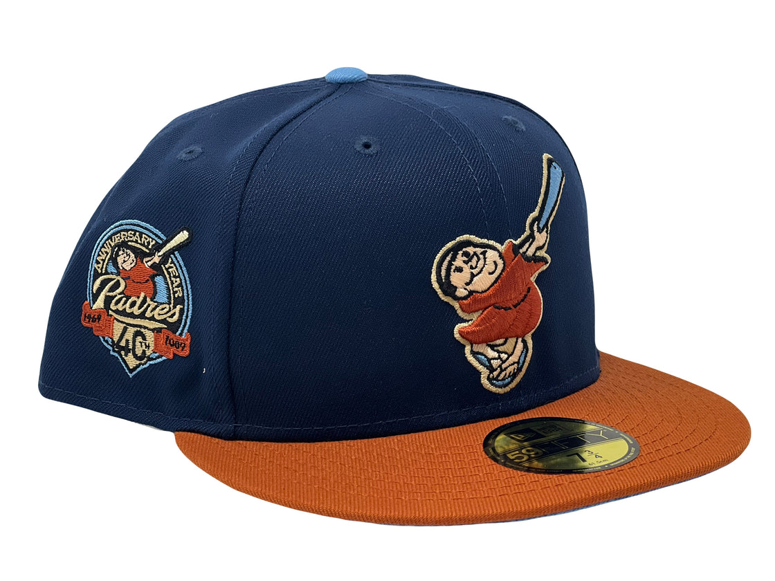 SAN DIEGO PADRES 40TH ANIIVERSARY NAVY RUST ORANGE VISOR SKY BLUE BRIM NEW ERA FITTED HAT