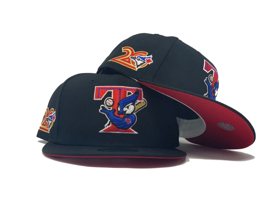 New Era Toronto Blue Jays Blackout Fitted Hat Black on Black Red Leaf 7 1/2  rare