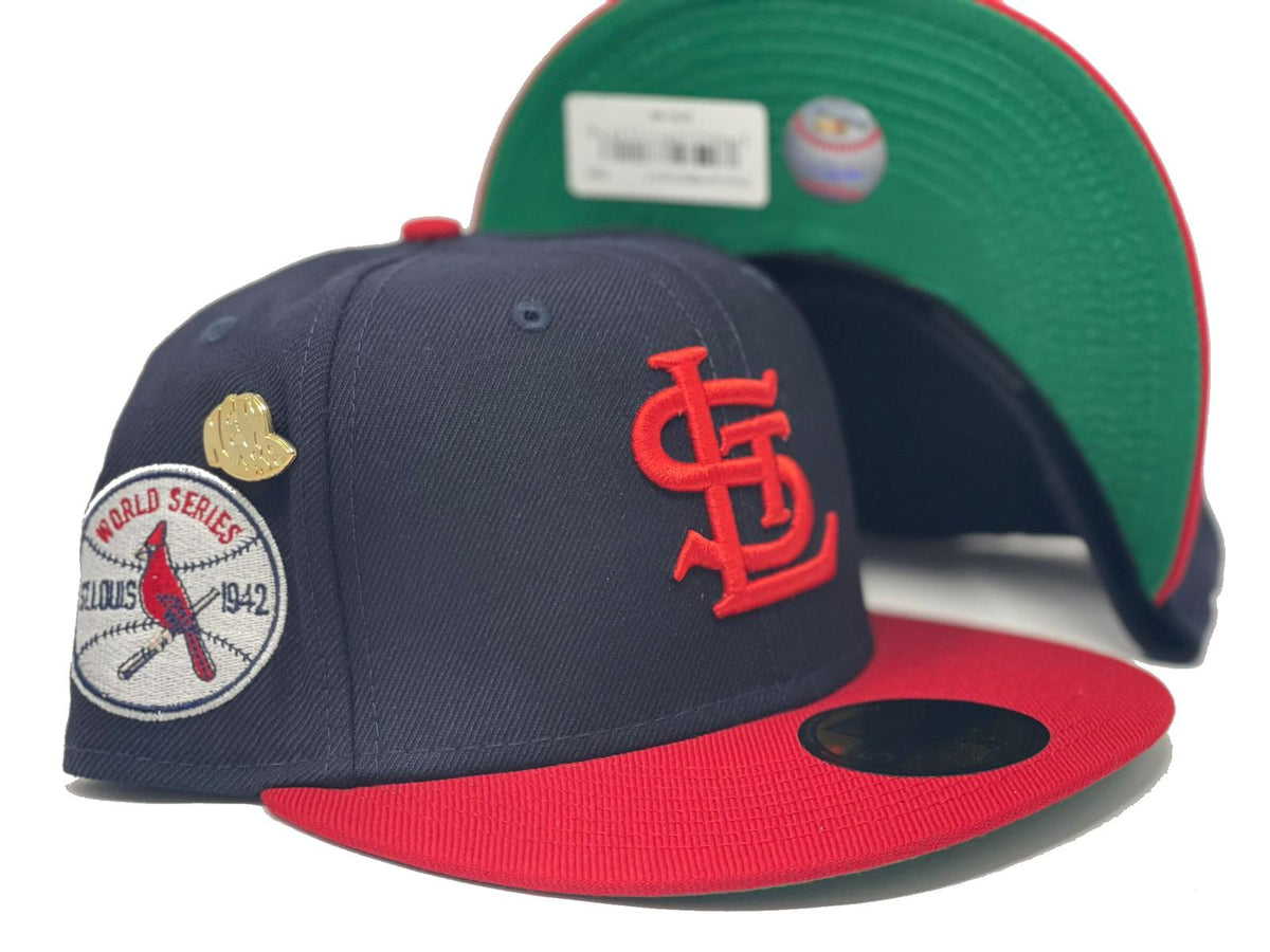 Navy Blue St. Louis Cardinals Red Visor Green Bottom 1942 World Series Side Patch 59FIFTY Day New Era 59FIFTY Fitted 71/8