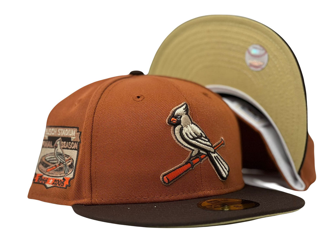 ST. LOUIS CARDINALS BUSCH STADIUM FINAL SEASON RUST ORANGE BROWN VISOR VEGAS GOLD BRIM NEW ERA FITTED HAT