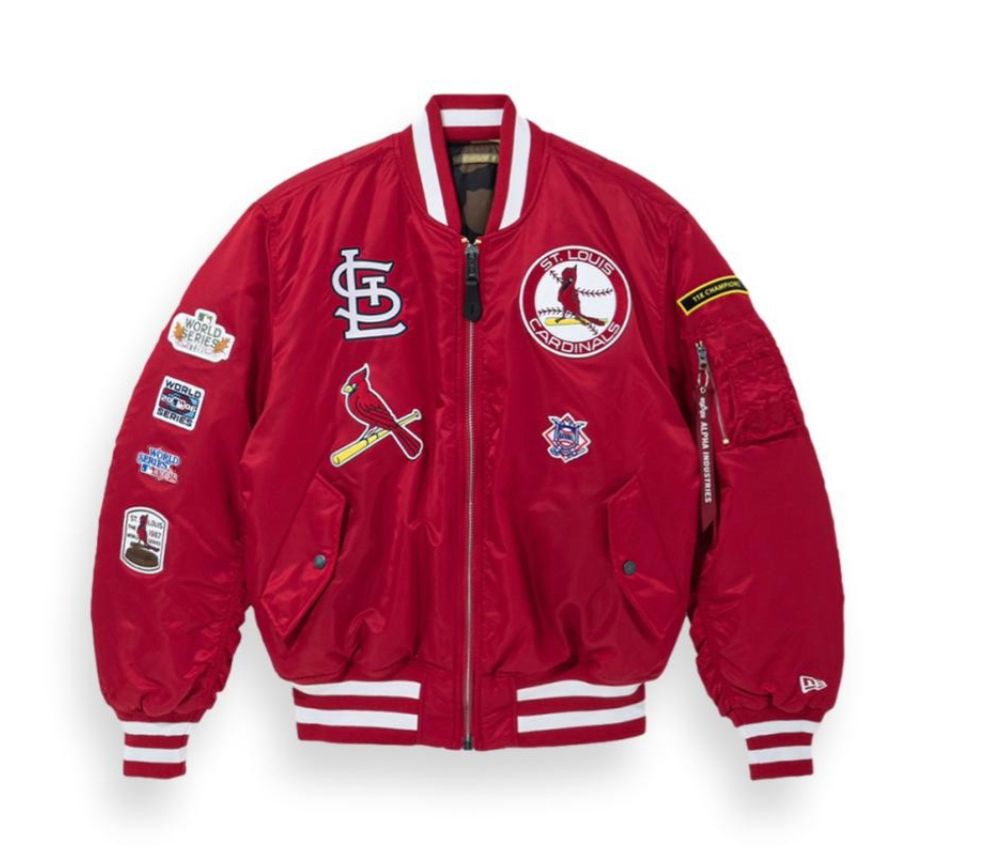 NEW ERA X ALPHA INDUSTRIES ST. LOUIS CARDINALS WORLD SERIES REVERSIBLE BOMBER JACKET