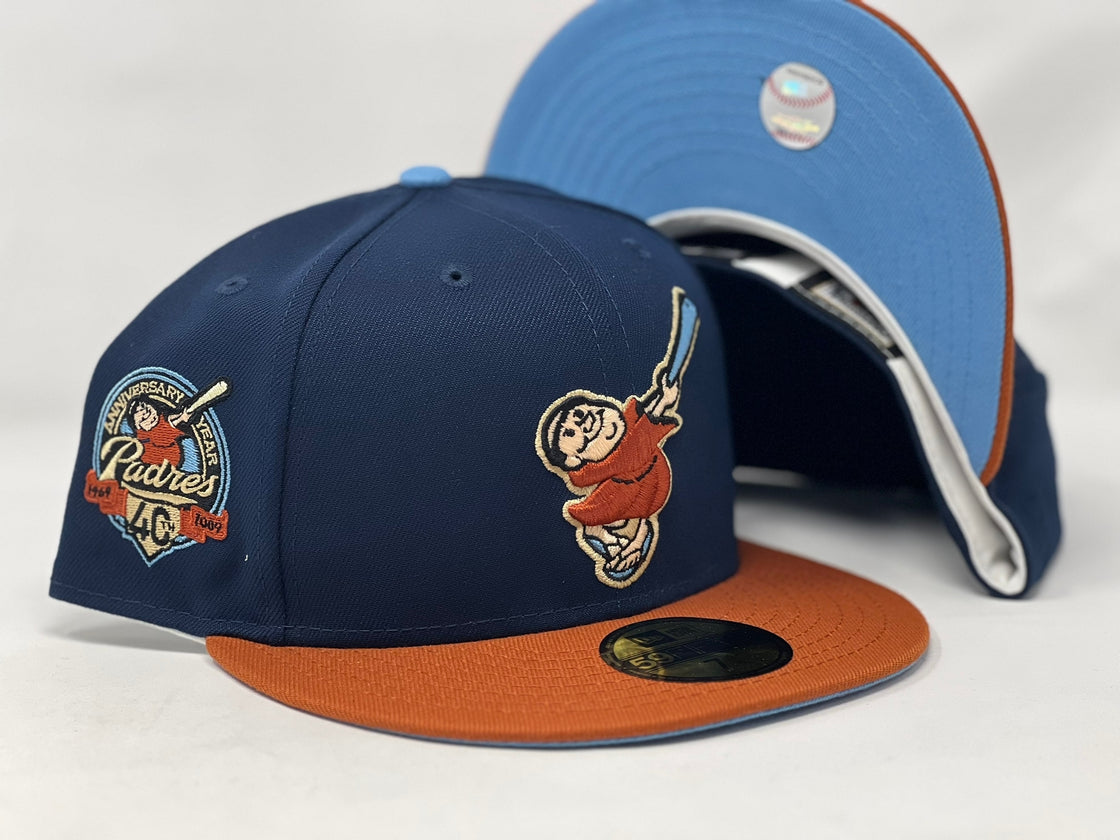 SAN DIEGO PADRES 40TH ANIIVERSARY NAVY RUST ORANGE VISOR SKY BLUE BRIM NEW ERA FITTED HAT