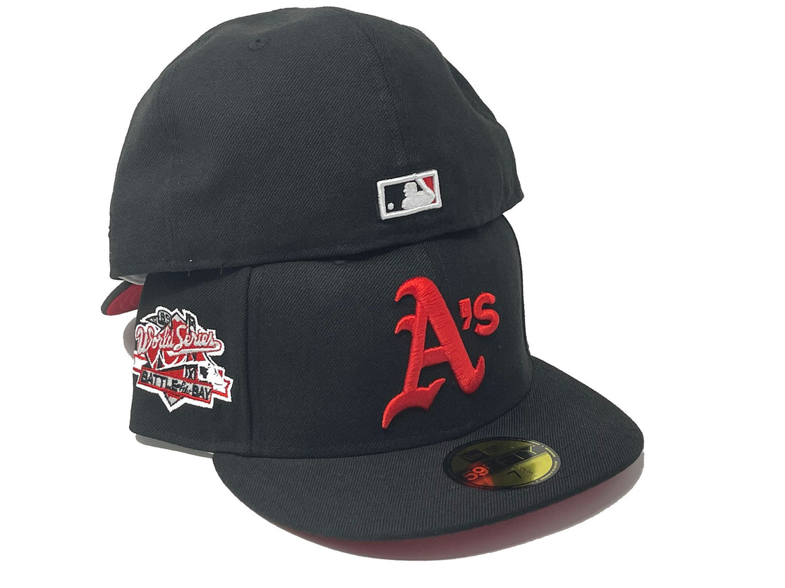 OAKLAND ATHLETICS 1989 BATTLE OF THE BAY BLACK RED BRIM NEW ERA FITTED HAT