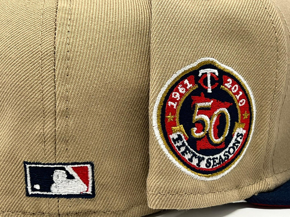 MINNESOTA TWINS 50TH ANNIVERSARY CAMEL NAVY VISOR RED BRIM NEW ERA FITTED HAT