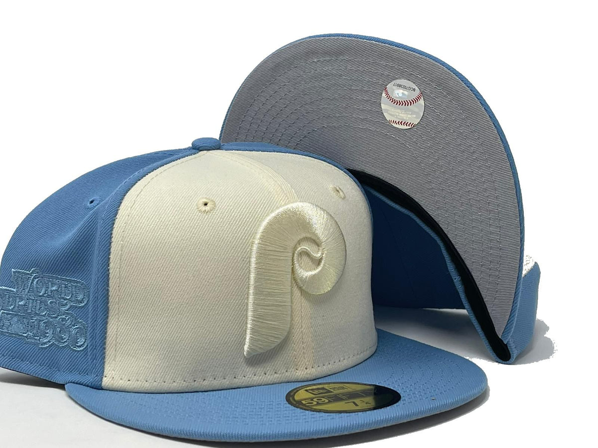 New Era Philadelphia Phillies World Series 1980 Powder Blues Sky Throwback  Two Tone Edition 59Fifty Fitted Hat, FITTED HATS, CAPS