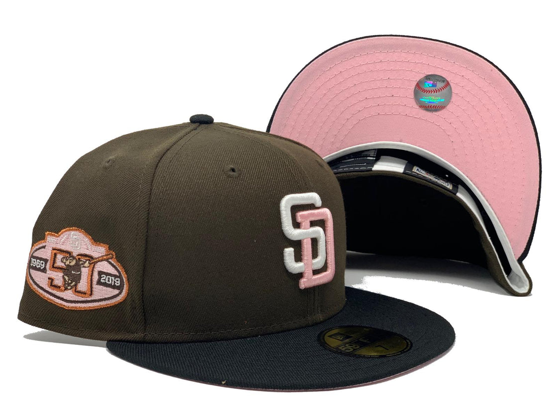 SAN DIEGO PADRES 50TH ANNIVERSARY WALNUT CROWN BLACK VISOR PINK BRIM NEW ERA FITTED