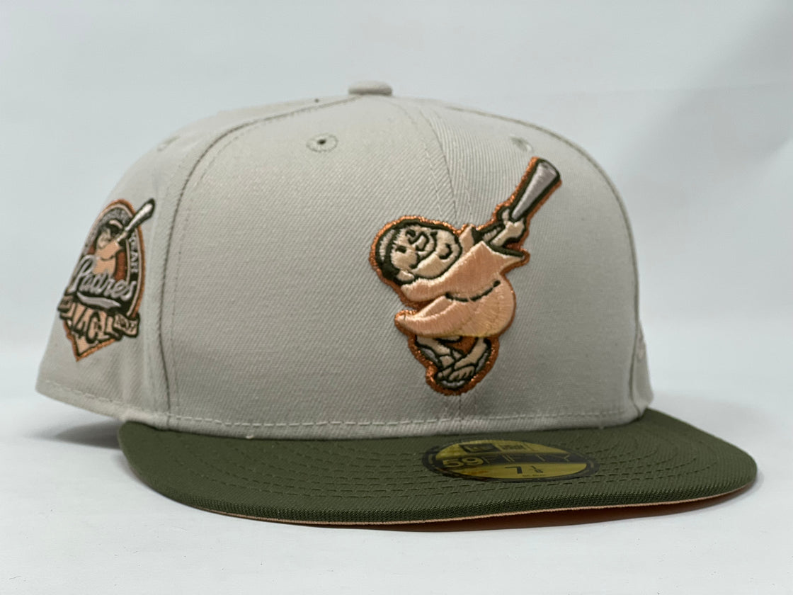 SAN DIEGO PADRES 40TH ANNIVERSARY STONE OLIVE VISOR PEACH BRIM NEW ERA FITTED HAT