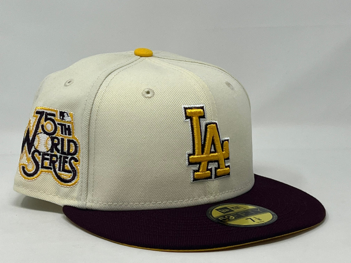 Los Angeles 75th World Series Off White Maroon Visor Taxi Yellow Brim New Era Fitted Hat