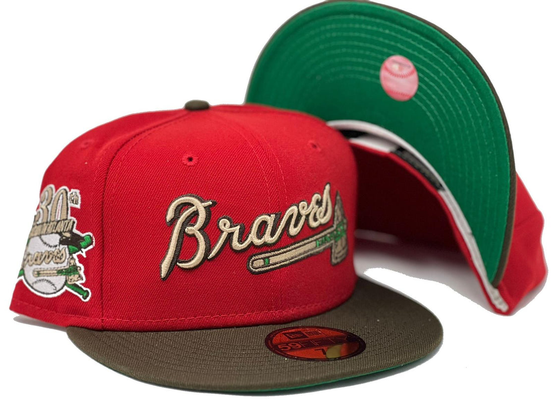 ATLANTA BRAVES 30TH ANNIVERSARY RED BROWN VISOR GREEN BRIM NEW ERA FITTED HAT