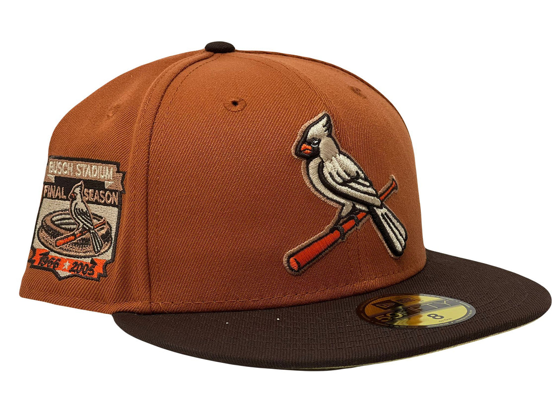 ST. LOUIS CARDINALS BUSCH STADIUM FINAL SEASON RUST ORANGE BROWN VISOR VEGAS GOLD BRIM NEW ERA FITTED HAT