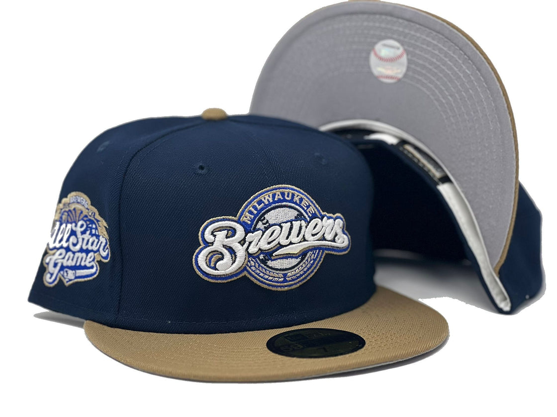 MILWAUKEE BREWERS 2002 ALL STAR GAME LIGHT NAVY CAMEL GRAY BRIM NEW ERA FITTED HAT