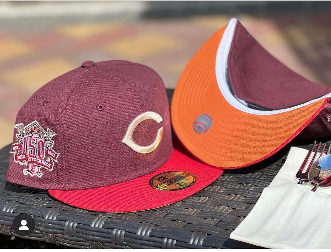 Rust Cincinnati Reds Maroon Visor Olive Green Bottom 150th Anniversary Side Patch New Era 59FIFTY Fitted 71/4