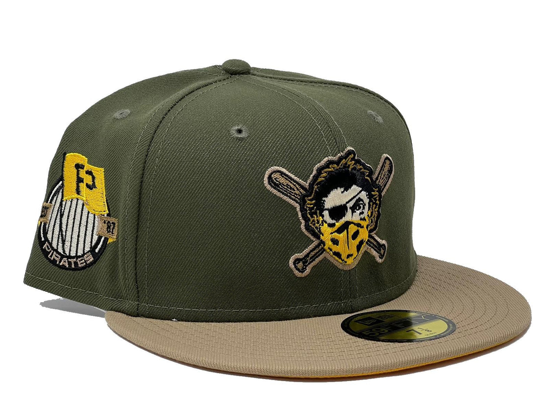 PITTSBURG PIRATES 1887 ESTABLISHED SIDE PATCH OLIVE CAMEL TAXI YELLOW BRIM NEW ERA FITTED HAT