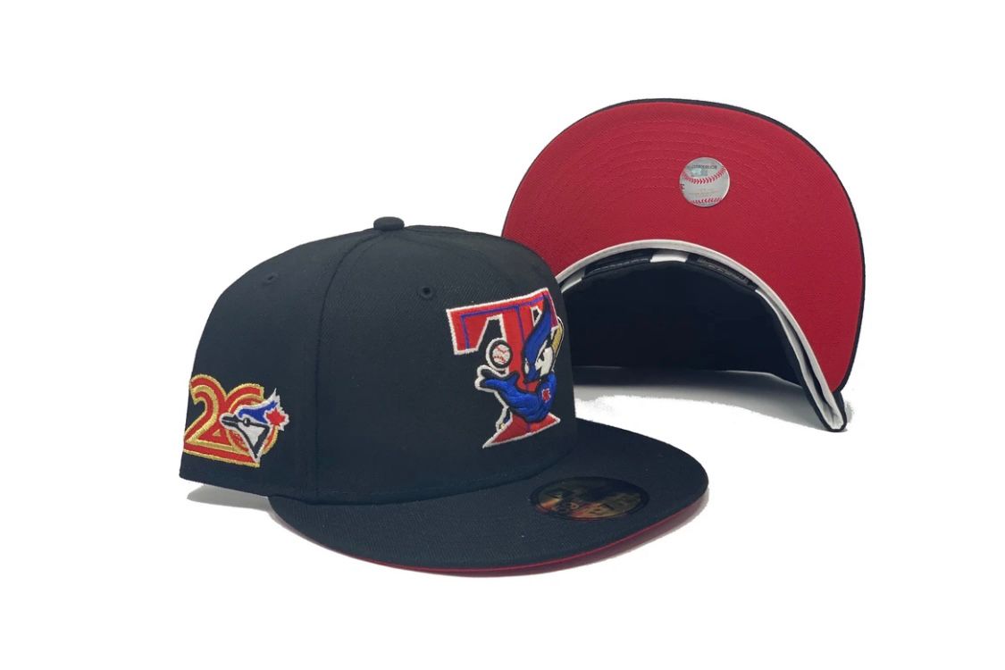 TORONTO BLUE JAYS 20TH ANNIVERSARY BLACK RED BRIM NEW ERA FITTED HAT