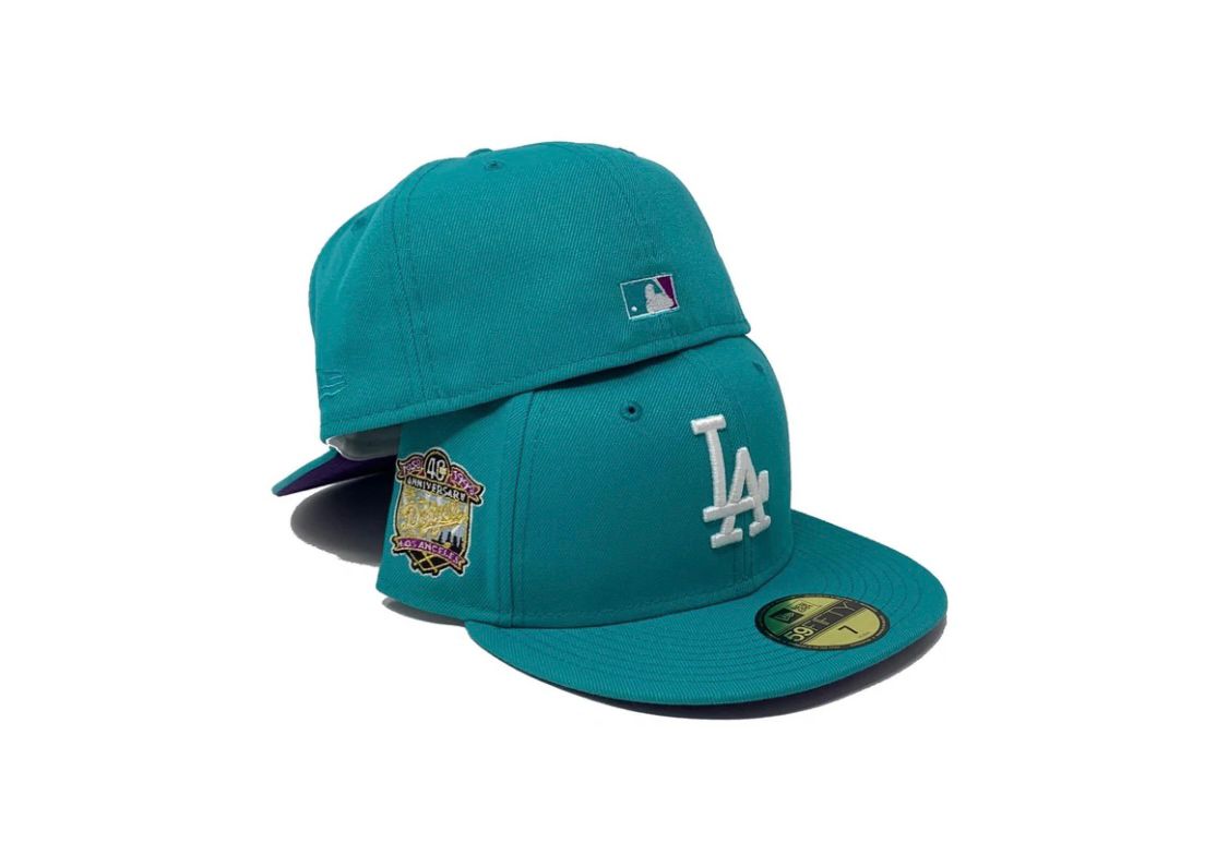 New Era Los Angeles Dodgers 2020 Patch South Beach Fitted Hat Size 7 3/4  Teal UV