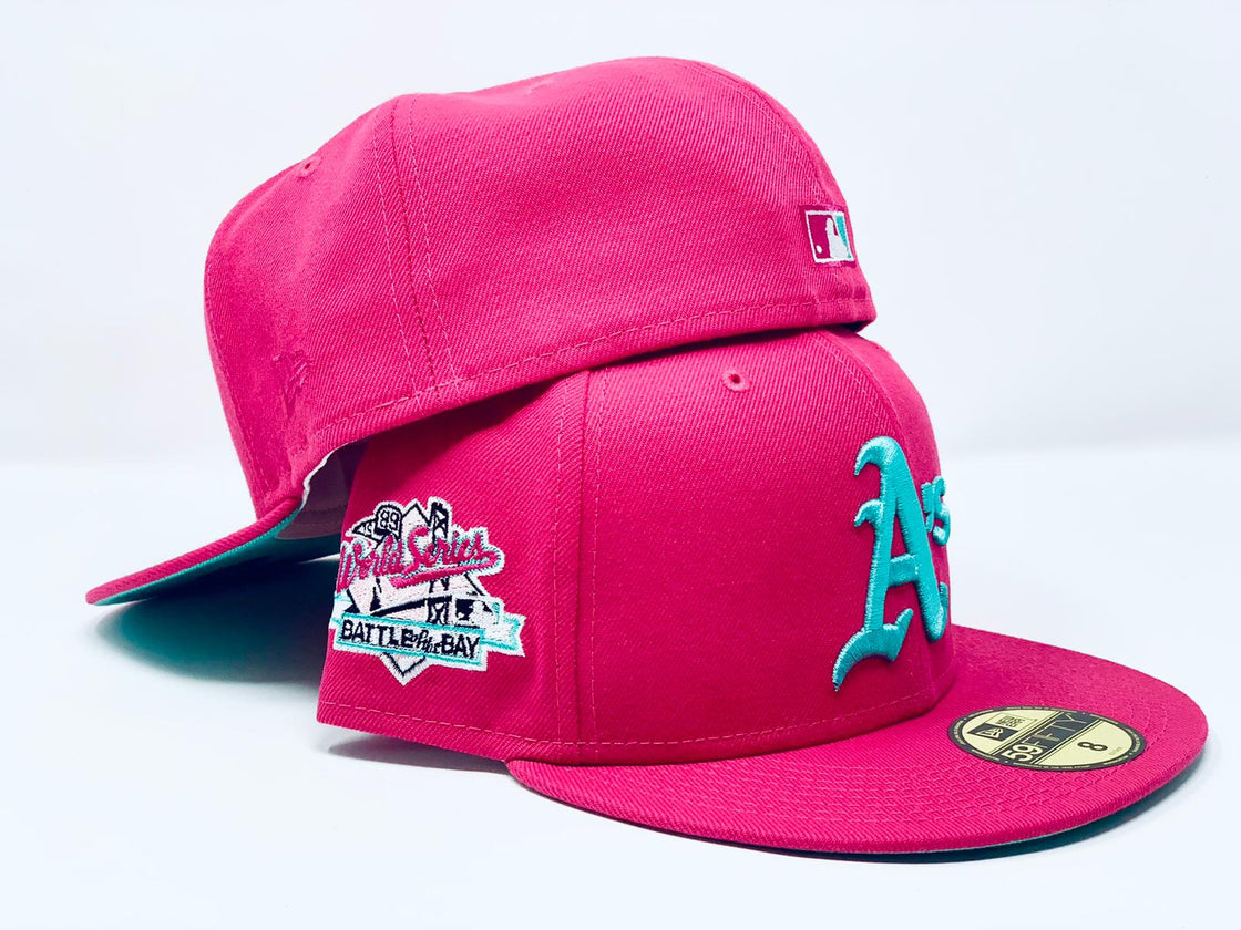 OAKLAND ATHLETICS 1989 BATTLE OF THE BAY WORLD SERIES HOT PINK SEA GLASS BRIM NEW ERA FITTED HAT