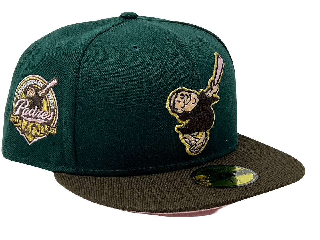 SAN DIEGO PADRES 40TH ANIIVERSARY DARK GREEN BROWN VISOR PINK BRIM NEW ERA FITTED HAT