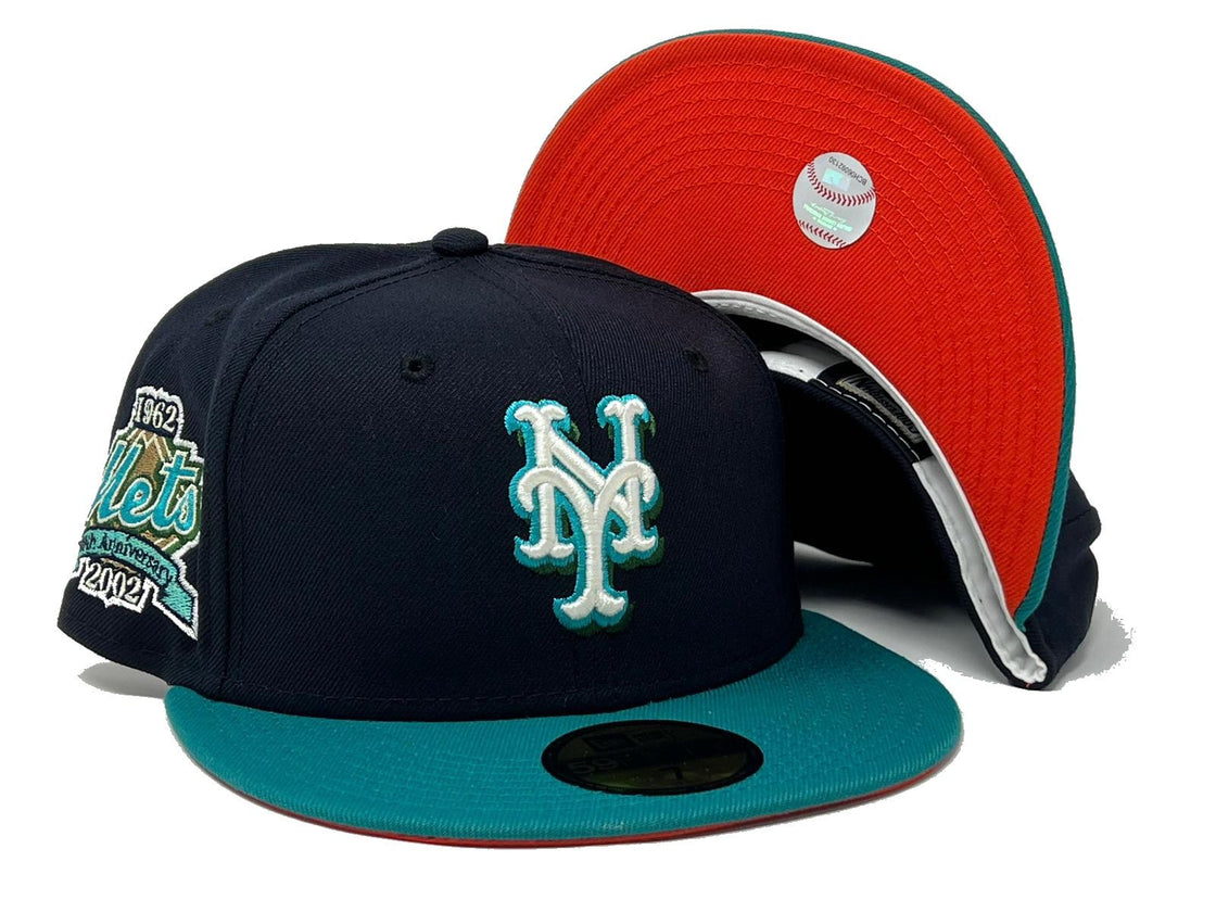 NEW YORK METS 40TH ANNIVERSARY NAVY AQUA ORANGE BRIM NEW ERA FITTED HAT