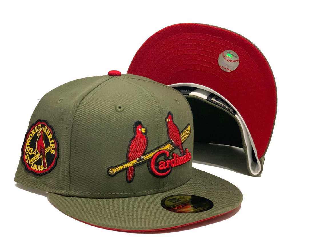 ST. LOUIS CARDINALS 1934 WORLD SERIES DARK OLIVE RED BRIM NEW ERA FITTED HAT