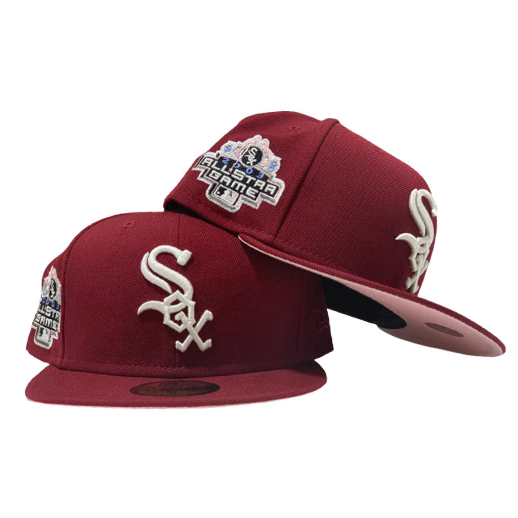 NEW ERA 59FIFTY WHITE SOX FITTED HAT BURGUNDY PINK UV 2003 ALL STAR PATCH 7  5/8