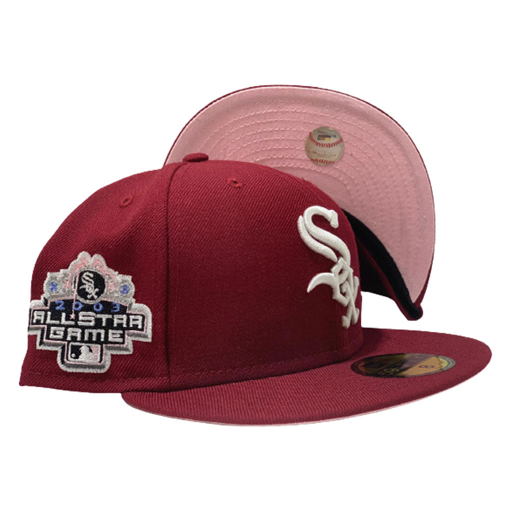 NEW ERA 59FIFTY WHITE SOX FITTED HAT BURGUNDY PINK UV 2003 ALL STAR PATCH 7  5/8