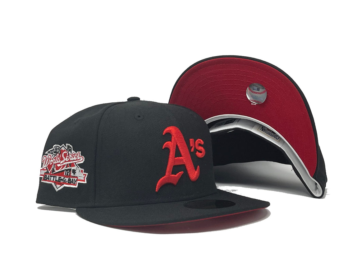 OAKLAND ATHLETICS 1989 BATTLE OF THE BAY BLACK RED BRIM NEW ERA FITTED HAT