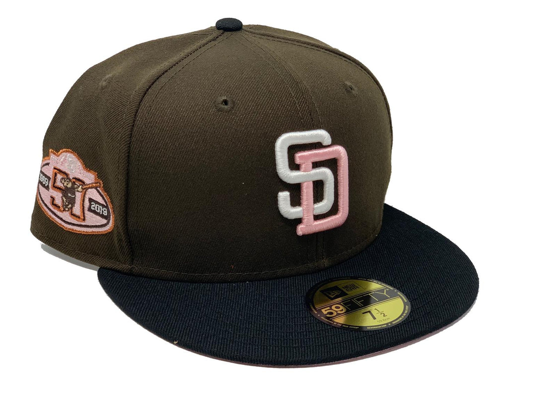 SAN DIEGO PADRES 50TH ANNIVERSARY WALNUT CROWN BLACK VISOR PINK BRIM NEW ERA FITTED