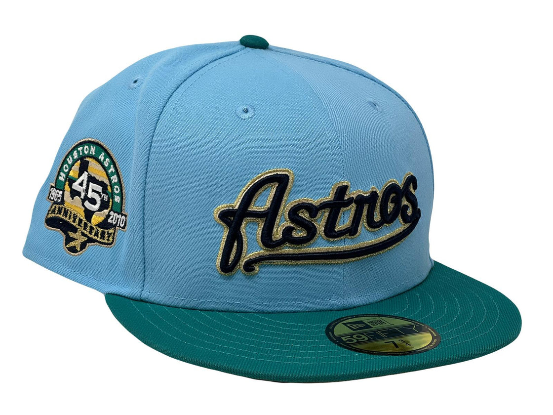 HOUSTON ASTROS 45TH ANNIVERSARY DOSCIENTOD BLUE NOTRHWEST GREEN VISOR MILK COFFE BRIM NEW ERA FITTED HAT