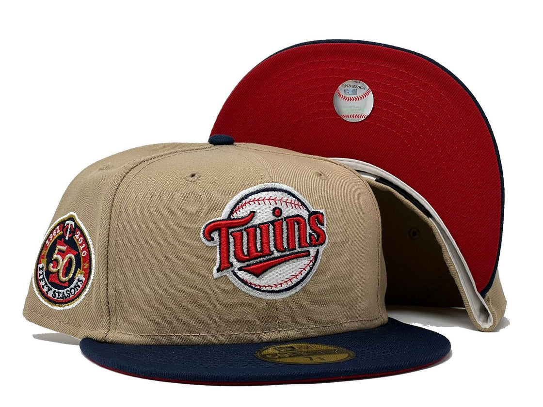 MINNESOTA TWINS 50TH ANNIVERSARY CAMEL NAVY VISOR RED BRIM NEW ERA FITTED HAT