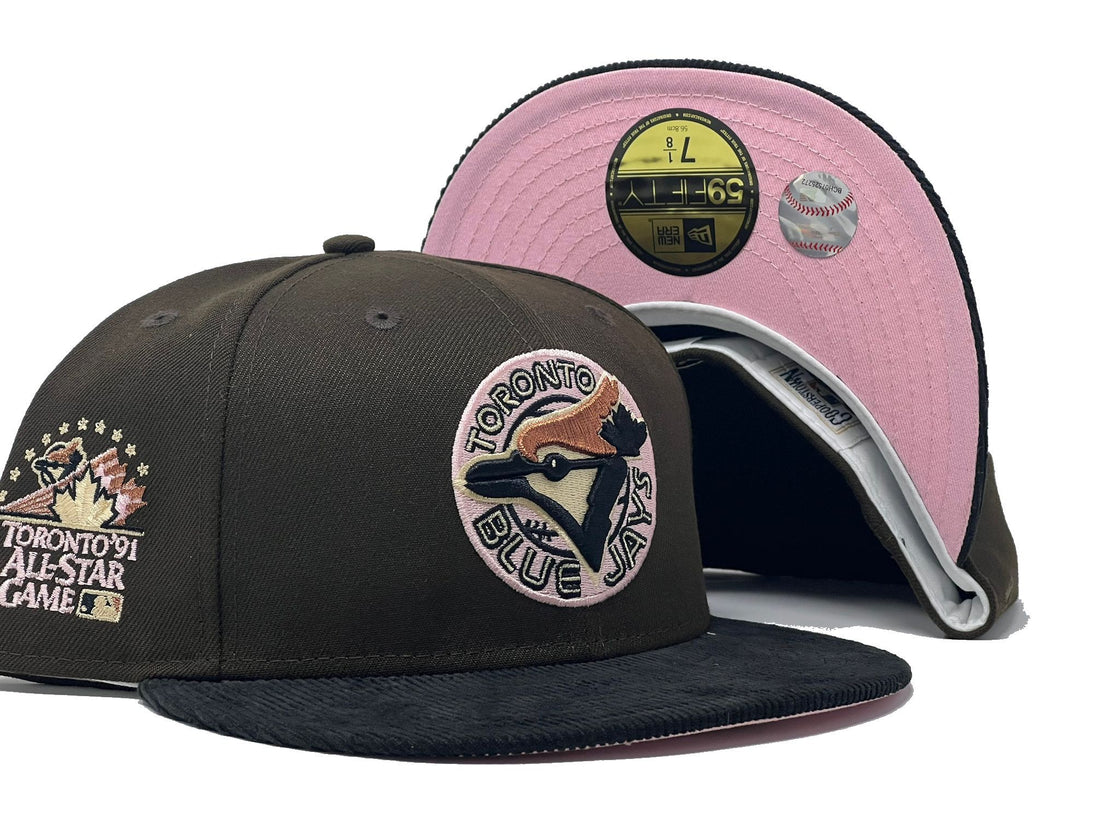 TORONTO BLUE JAYS 1991 ALL STAR GAME BROWN BLACK CORDUROY VISOR PINK BRIM NEW ERA FITTED HAT