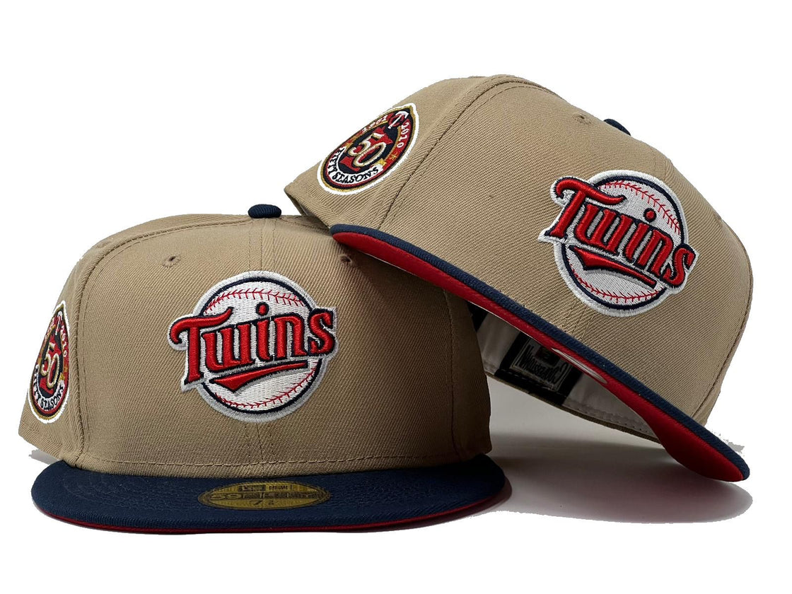 MINNESOTA TWINS 50TH ANNIVERSARY CAMEL NAVY VISOR RED BRIM NEW ERA FITTED HAT