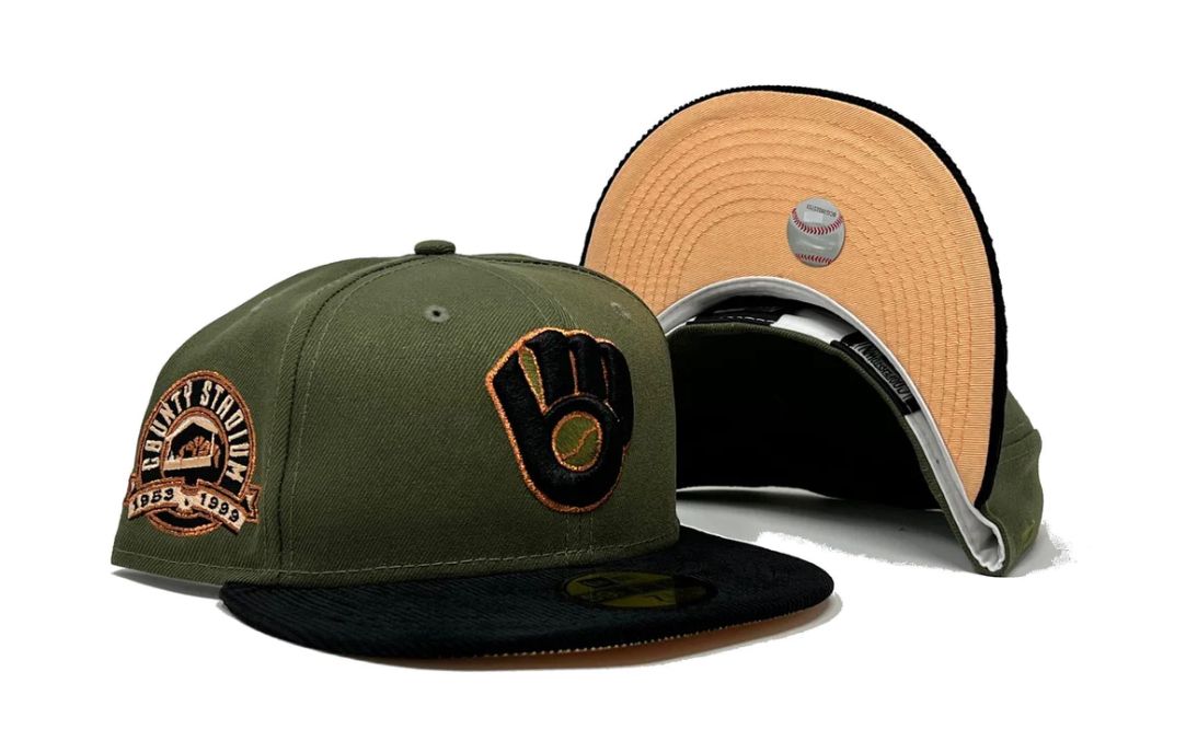 MILWAUKEE BREWERS COUNTY STADIUM OLIVE BLACK CORDUROY VISOR PEACH BRIM NEW ERA FITTED HAT