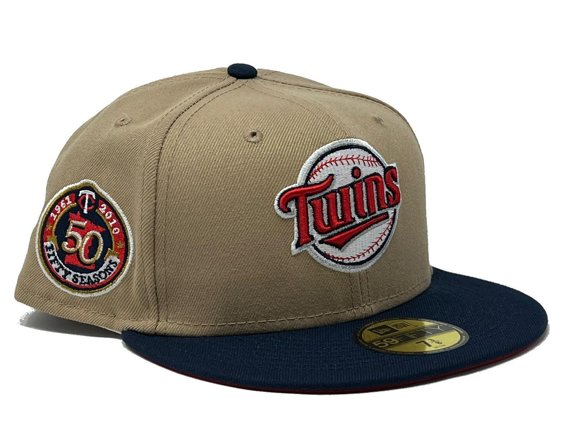 MINNESOTA TWINS 50TH ANNIVERSARY CAMEL NAVY VISOR RED BRIM NEW ERA FITTED HAT