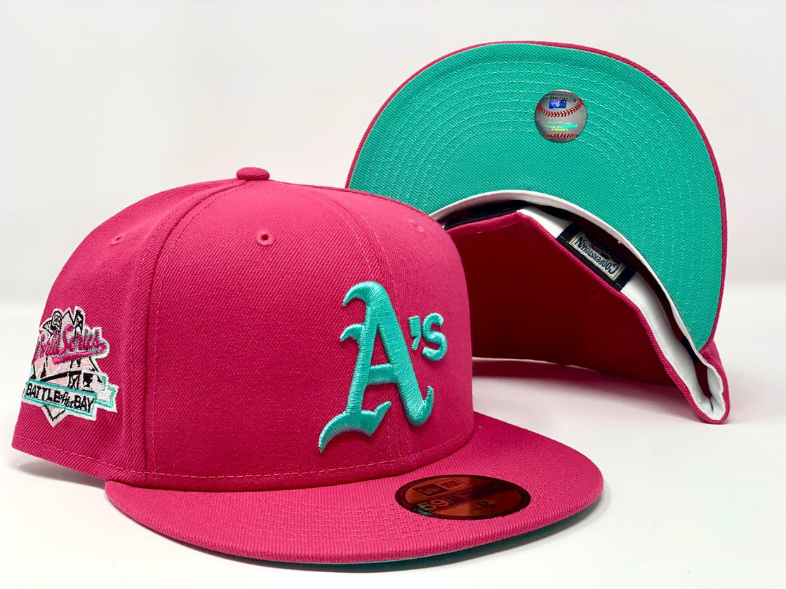 OAKLAND ATHLETICS 1989 BATTLE OF THE BAY WORLD SERIES HOT PINK SEA GLASS BRIM NEW ERA FITTED HAT