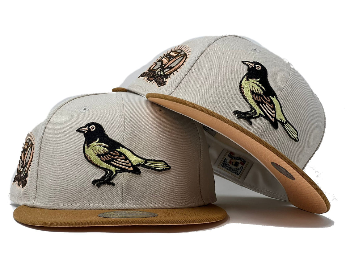 Baltimore Orioles 50th Anniversary Stone Camel Visor Peach Brim New Era Fitted Hat