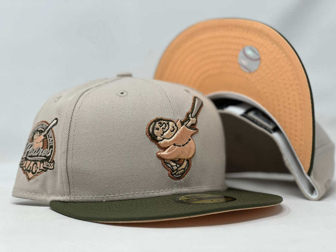 SAN DIEGO PADRES 40TH ANNIVERSARY STONE OLIVE VISOR PEACH BRIM NEW ERA FITTED HAT