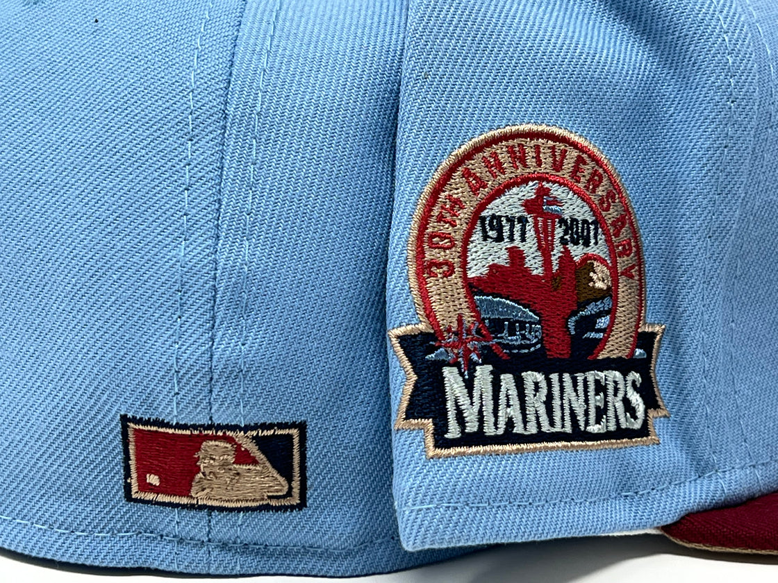 Seattle Mariners 30th Anniversary Sky Blue Crown Burgundy Visor Fitted Hats