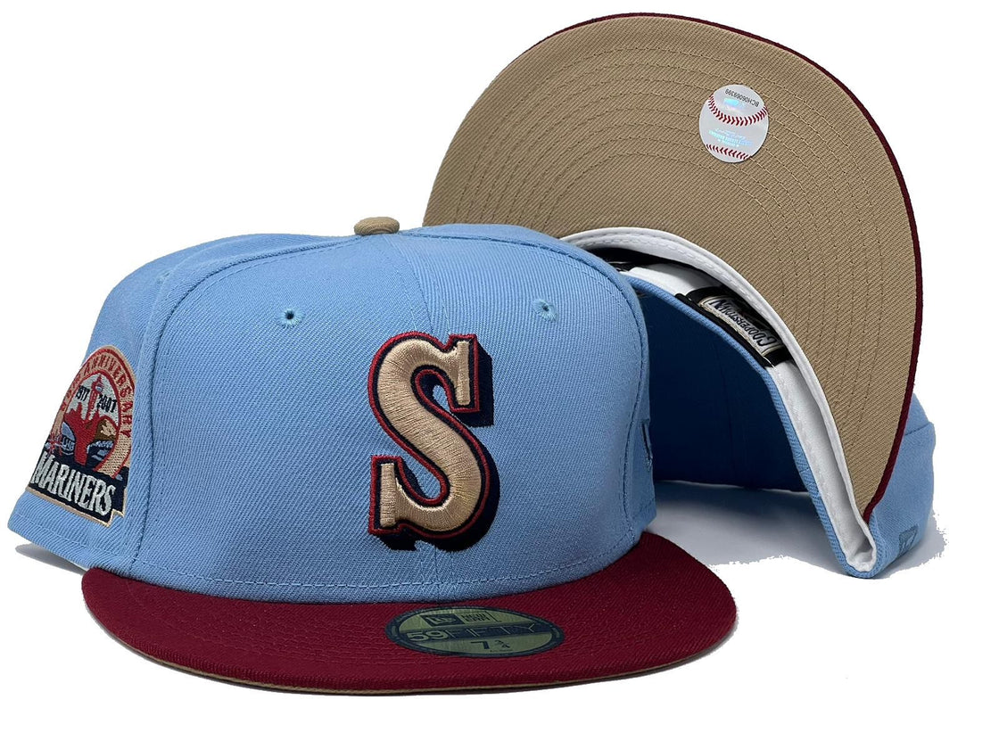Seattle Mariners 30th Anniversary Sky Blue Crown Burgundy Visor Fitted Hats